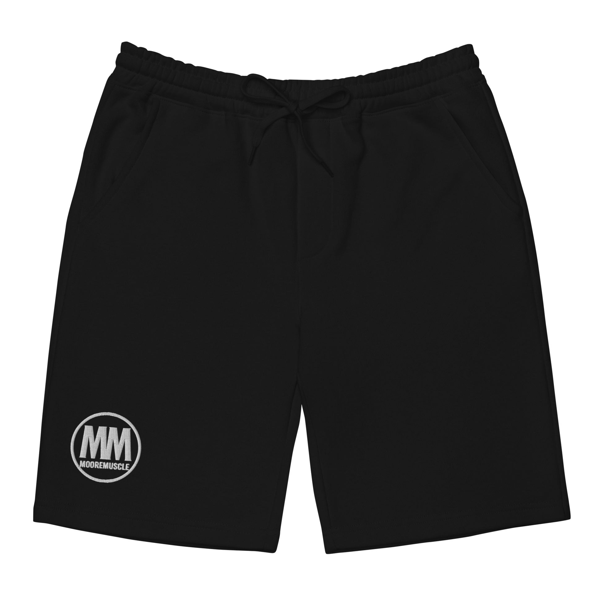 Black MooreMuscle men’s fleece shorts with elastic waistband and embroidered MM logo on left leg