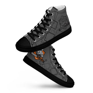 MooreMuscle grey women’s high top gym sneakers floating side angle with black sole
