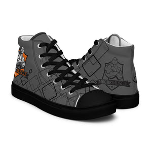 MooreMuscle grey high top lifting sneakers black sole angled side view