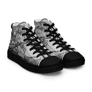 MooreMuscle skull high top sneakers black sole and black laces pair front angle