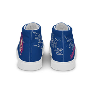 Back view of blue high tops showing heel panels and rear graphics