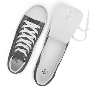 op view MooreMuscle women’s grey canvas high top sneakers with white laces
