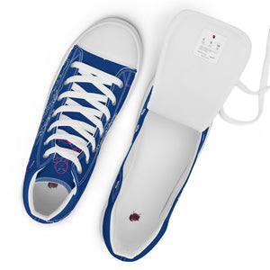 Top-down view of blue high tops showing laces and interior footbed