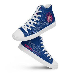 A pair of blue and white high-top sneakers with a graphic design on the upper side and the text 'MUSCLE' visible.