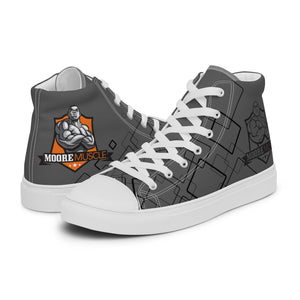 A pair of MooreMuscle branded high-top sneakers with a graphic design in gray, white, and orange colors.