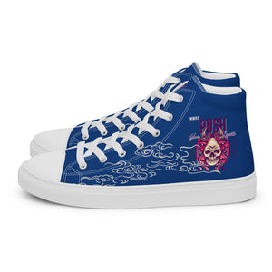 Side view of women’s blue high top sneakers with flat sole and heel support