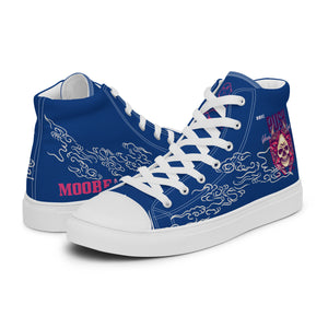 Three-quarter view of blue women’s high tops showing outer side graphics and white toe cap