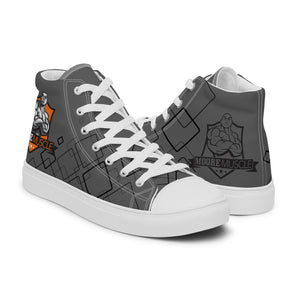 MooreMuscle women’s grey high top sneakers pair with flat lifting sole visible