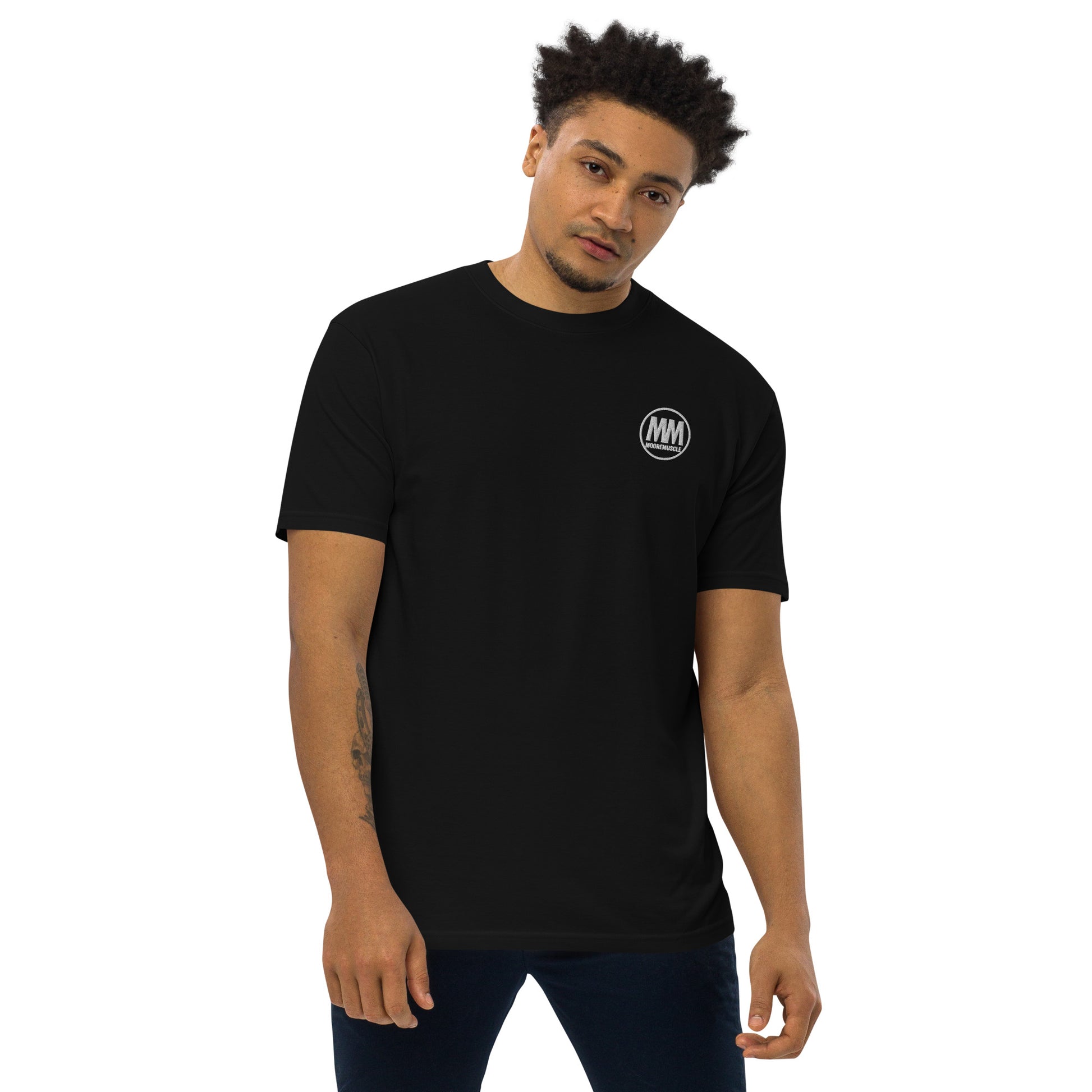 Men’s black MooreMuscle MM embroidered heavyweight t-shirt on male model front view