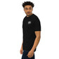 Men’s black MooreMuscle MM embroidered heavyweight t-shirt side view on male model