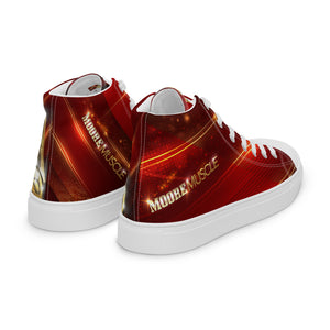 MooreMuscle red high top lifting shoes angled view with custom print