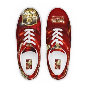 Top view of MooreMuscle red lifting shoes with white laces and branding