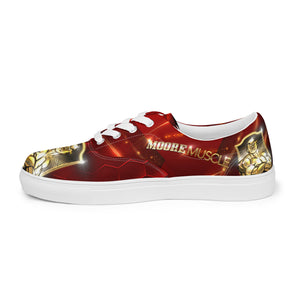 MooreMuscle low top canvas lifting shoes side angle with MooreMuscle branding