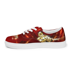 MooreMuscle red low top lifting shoes side view with flat sole design