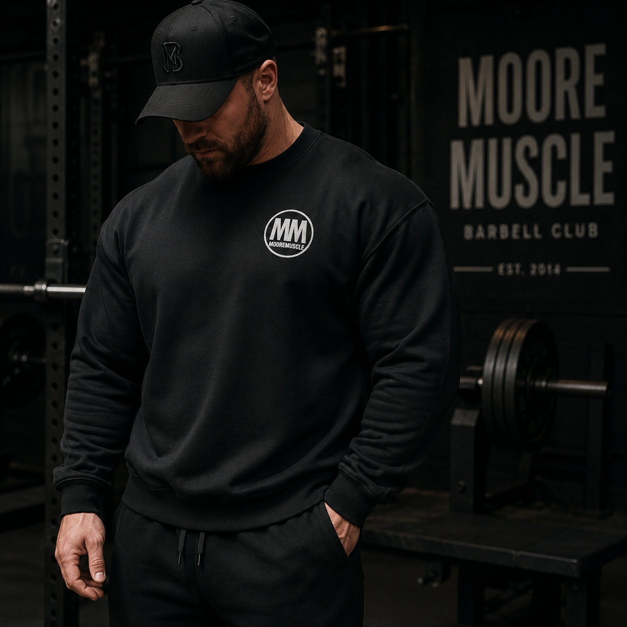 Athlete wearing a black MooreMuscle MM Heavyweight Crewneck Sweatshirt inside a dark premium powerlifting gym with cinematic lighting and strength culture atmosphere.