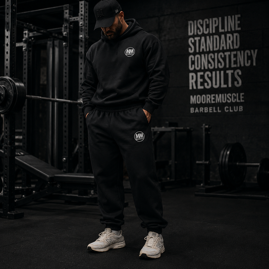 Athlete wearing black MooreMuscle MM Heavyweight Sweatpants and hoodie inside a dark cinematic powerlifting gym with moody lighting and strength culture atmosphere.