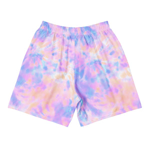 Back view of MooreMuscle Afterglow unisex training shorts in pastel tie-dye with elastic waistband