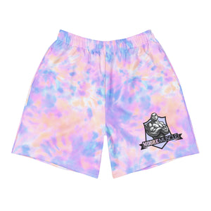 Front view of MooreMuscle Afterglow unisex training shorts in pastel pink, blue, lavender, and peach tie-dye with MooreMuscle crest logo on the leg