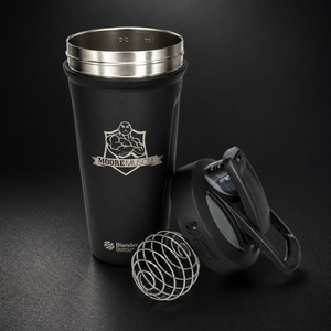 MooreMuscle black stainless steel shaker bottle with lid removed and whisk ball displayed