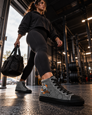 Woman walking into the gym with a duffel bag wearing grey MooreMuscle Crest high tops with black soles
