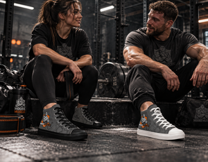 Two lifters seated in a gym wearing MooreMuscle Crest grey high top shoes, one pair with black soles and one with white