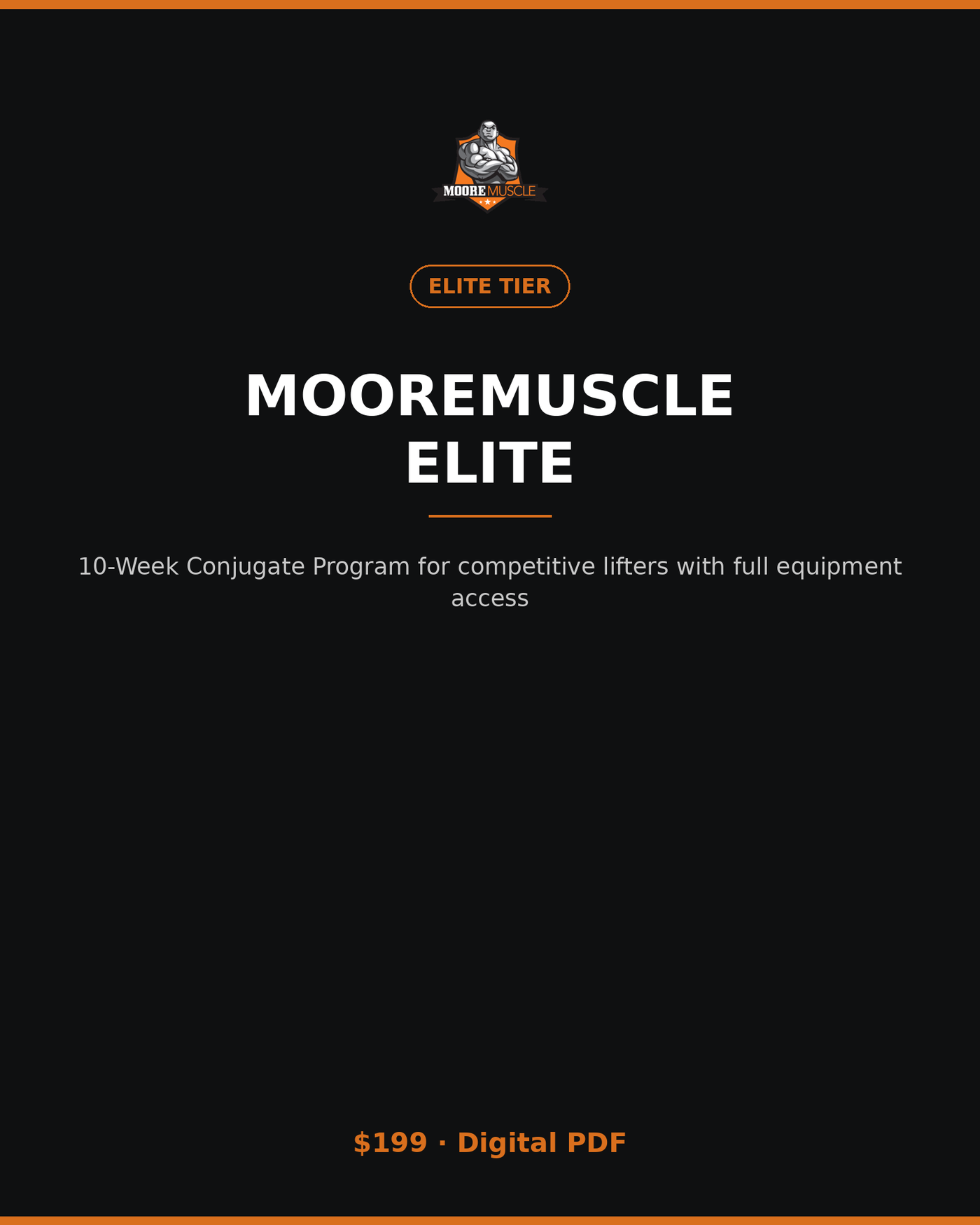 MooreMuscle Elite 10-Week Conjugate Program cover, digital strength training PDF for competitive powerlifters