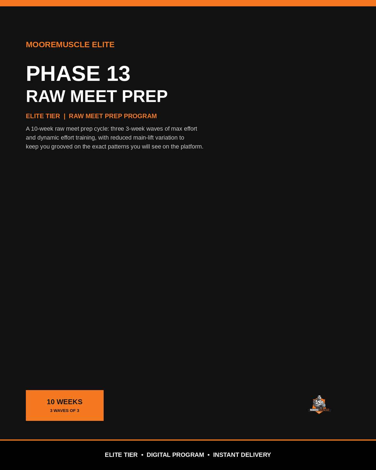 MooreMuscle Elite Phase 13 Raw Meet Prep cover, raw powerlifting meet preparation program PDF