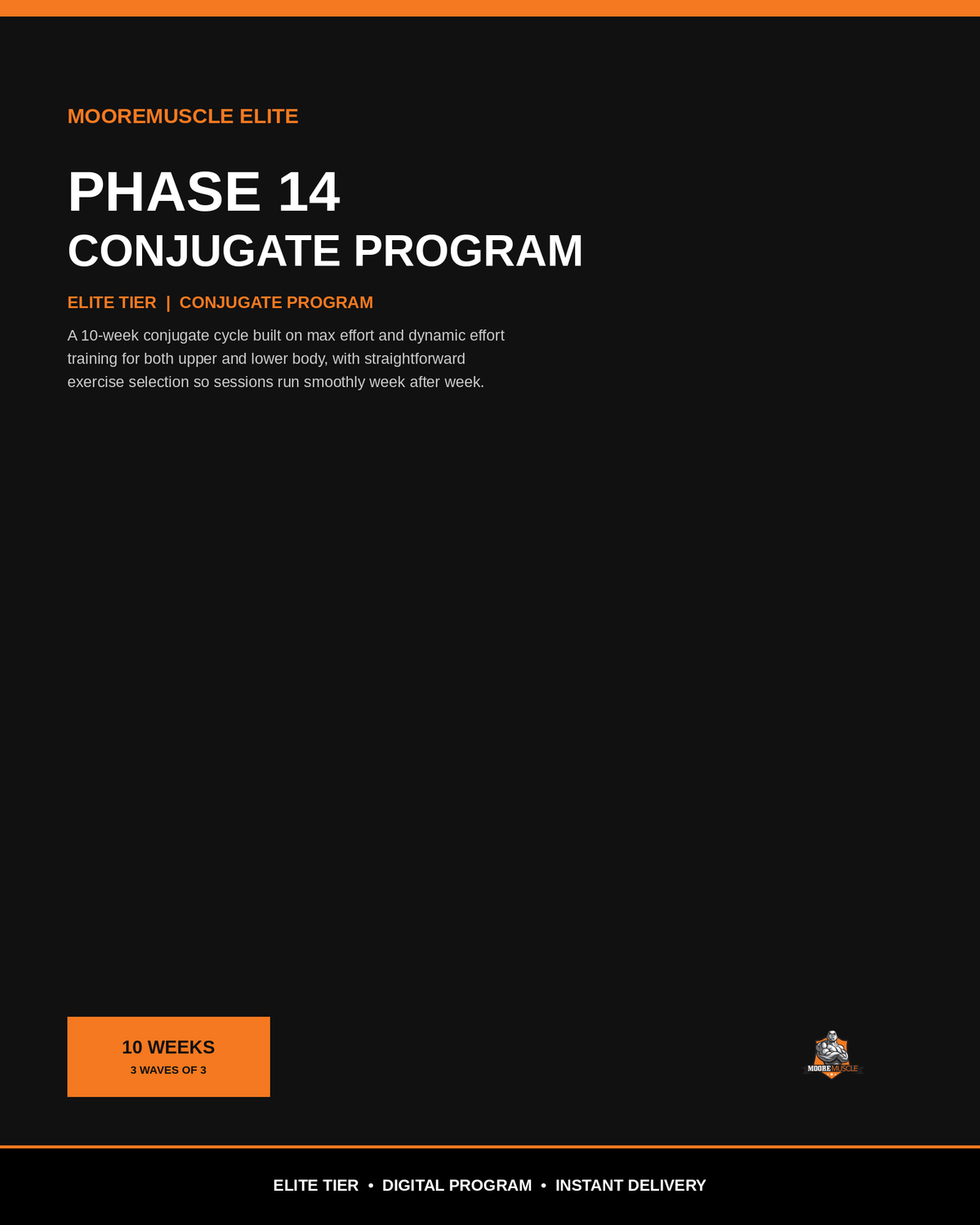 MooreMuscle Elite Phase 14 Conjugate Program cover, conjugate method powerlifting training program PDF