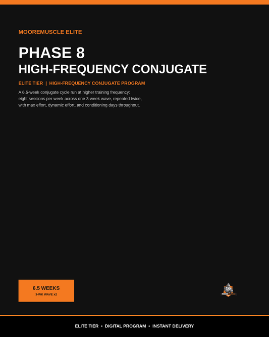 MooreMuscle Elite Phase 8 High-Frequency Conjugate cover, high-frequency conjugate training program PDF