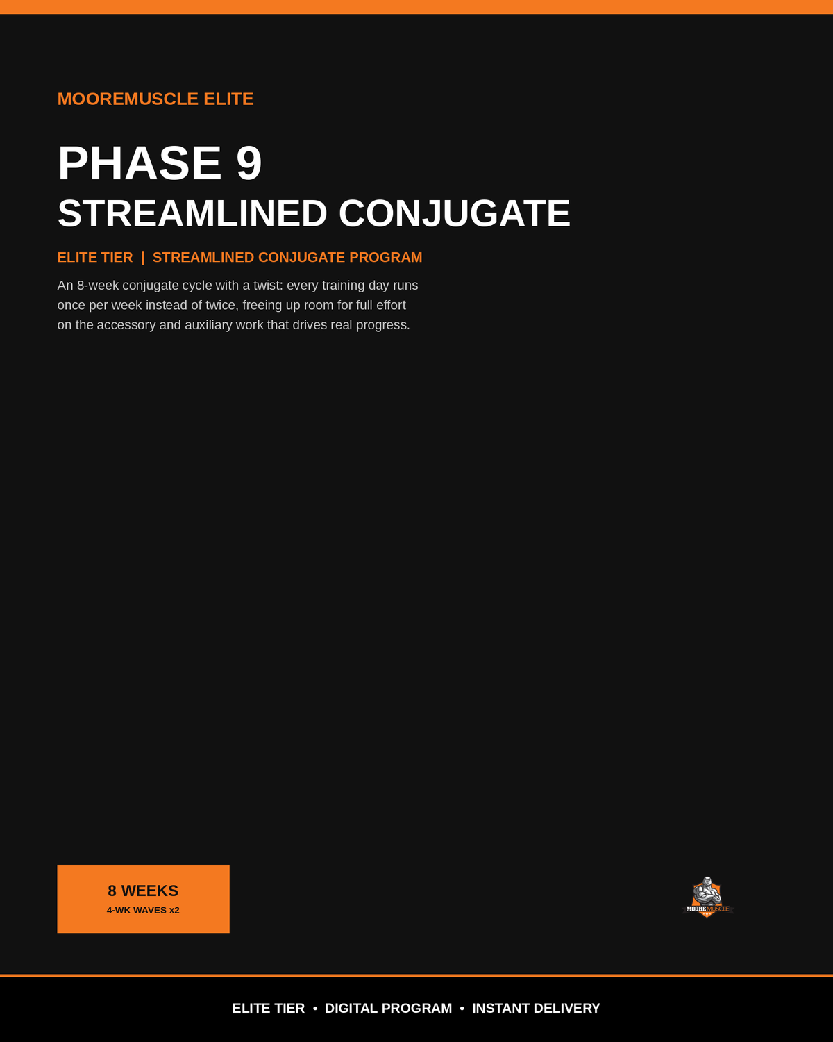 MooreMuscle Elite Phase 9 Streamlined Conjugate cover, streamlined conjugate powerlifting program PDF