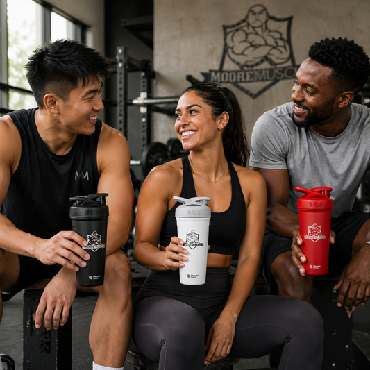 MooreMuscle stainless steel shaker bottles in black, white, and red held by athletes in gym setting