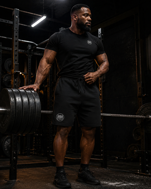 Man standing beside a loaded barbell wearing black MooreMuscle fleece shorts and a matching MM logo t-shirt in the gym