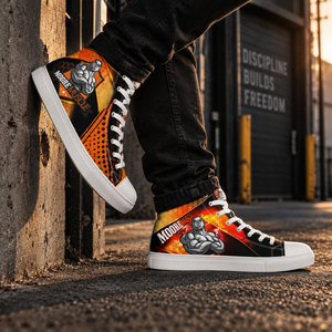 Side view of a MooreMuscle orange and black high-top canvas training shoe with white laces and flat sole