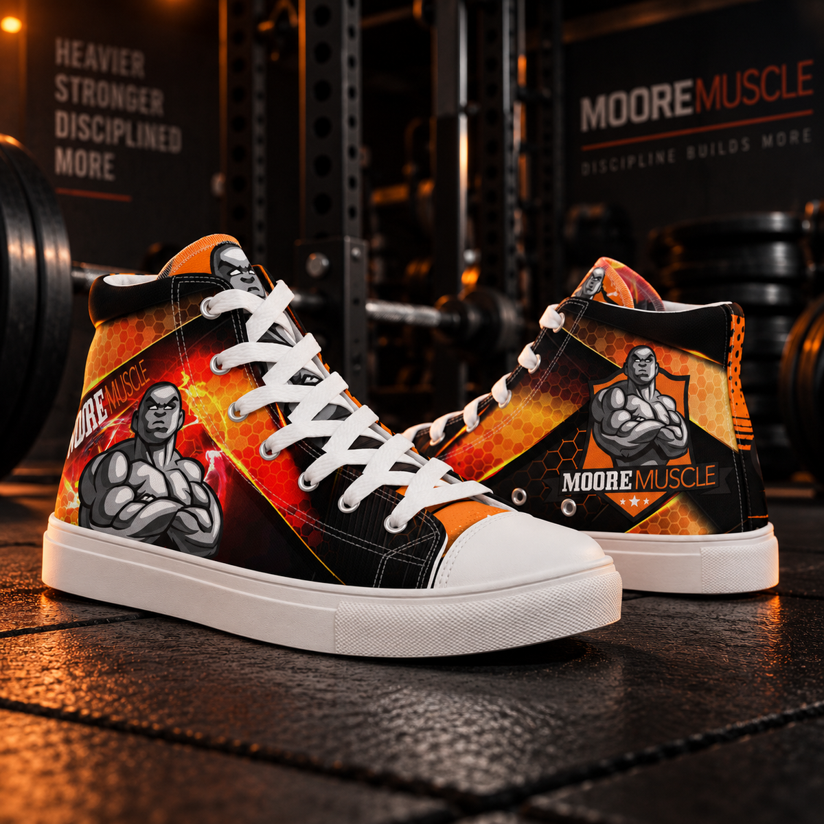 MooreMuscle orange and black high-top training shoes on a gym floor with weight plates in the background