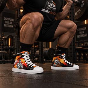 Close-up of a lifter's legs wearing MooreMuscle orange and black high-top training shoes during a squat