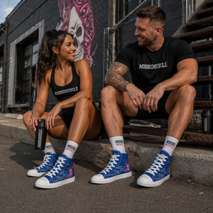 Male and female athletes wearing MooreMuscle Push Your Limits blue high top training shoes outdoors