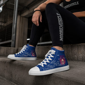 Female athlete wearing MooreMuscle Push Your Limits blue high top training shoes in urban setting