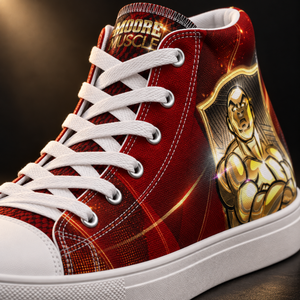 Macro detail shot of a MooreMuscle red high-top training shoe showing the canvas texture and gold strongman emblem