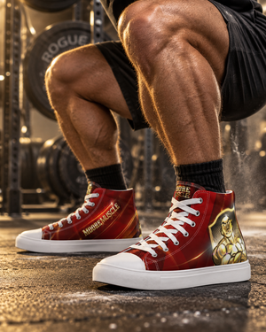 Close-up of a male lifter's legs wearing MooreMuscle red high-top training shoes during a squat with chalk dust in the air