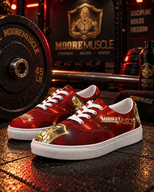 MooreMuscle red low-top training shoes on a gym floor with a weight plate and MooreMuscle branded backdrop