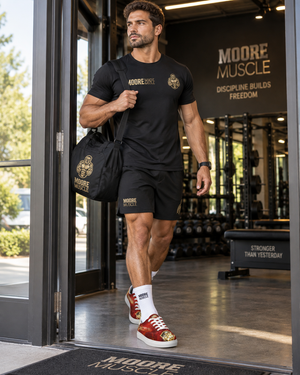 Male athlete walking out of the gym wearing MooreMuscle red low-top training shoes with matching MooreMuscle apparel