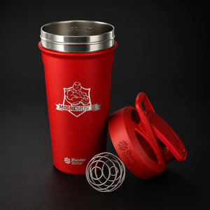 MooreMuscle red stainless steel shaker bottle with detached lid and metal whisk ball