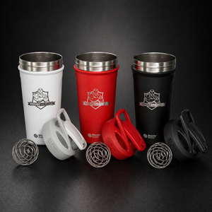 MooreMuscle stainless steel shaker bottles in white, red, and black with lids and whisk balls
