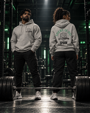 Two lifters standing behind a loaded barbell, one showing the front chest logo and one showing the back graphic of the There Is No Spoon hoodie