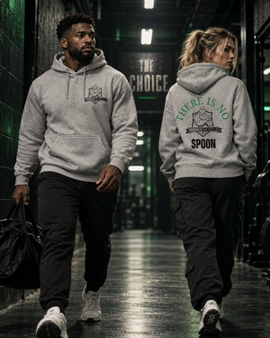 Man and woman walking down a gym hallway in heather gray MooreMuscle There Is No Spoon hoodies, showing the front chest logo and the back graphic