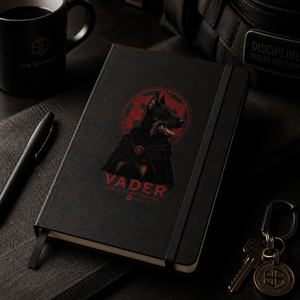 Vader Doberman hardcover notebook on dark desk with coffee mug and training accessories