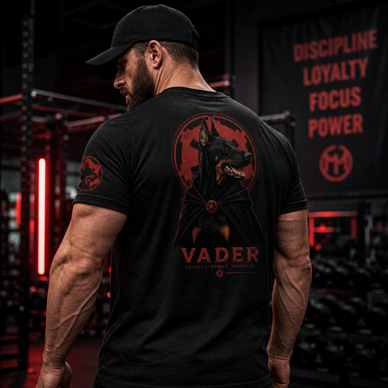 Man wearing Vader Doberman Sith t-shirt in gym showing back graphic and sleeve logo