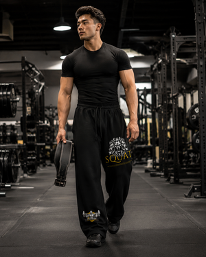 Man walking through the gym in black MooreMuscle Squat Sweatpants, holding a lifting belt