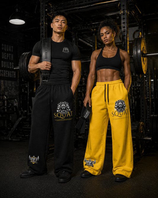 Man and woman wearing MooreMuscle Squat Sweatpants in black and yellow, standing together in a gym power rack with a 'Squat Depth Builds Strength' wall graphic