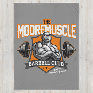 MooreMuscle Barbell Club blanket design with logo and barbell graphic